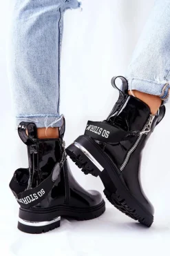 Boto Skórzane Lakierowane Botki Z Suwakiem Czarne Cortona