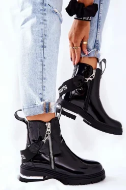 Boto Skórzane Lakierowane Botki Z Suwakiem Czarne Cortona