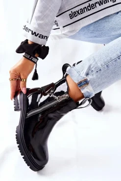 Boto Skórzane Lakierowane Botki Z Suwakiem Czarne Cortona