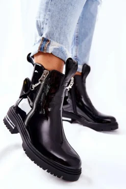 Boto Skórzane Lakierowane Botki Z Suwakiem Czarne Cortona