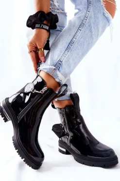 Boto Skórzane Lakierowane Botki Z Suwakiem Czarne Cortona