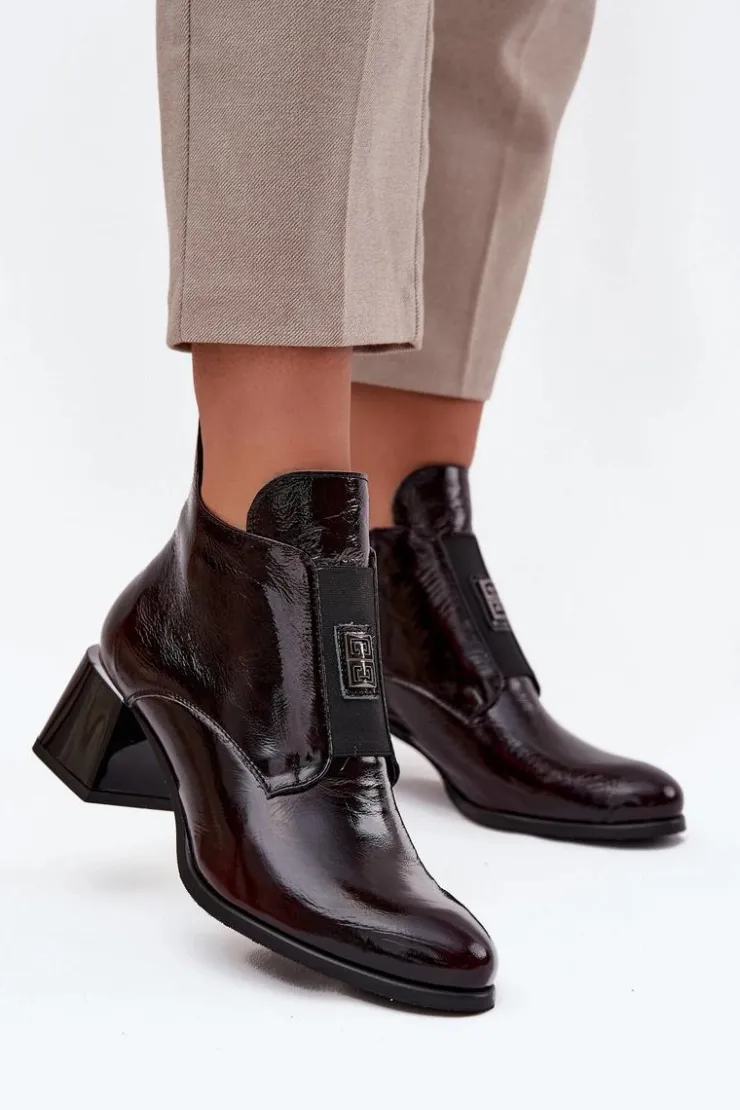 Online Zazoo Skórzane Lakierowane Botki Na Klocku Z Ozdobnym Detalem Ocieplane 60560 Bordowe Czerwony