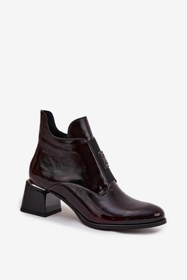 Online Zazoo Skórzane Lakierowane Botki Na Klocku Z Ozdobnym Detalem Ocieplane 60560 Bordowe Czerwony