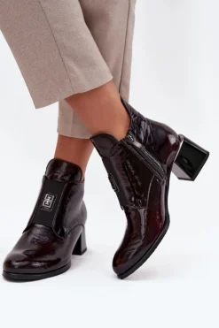 Online Zazoo Skórzane Lakierowane Botki Na Klocku Z Ozdobnym Detalem Ocieplane 60560 Bordowe Czerwony