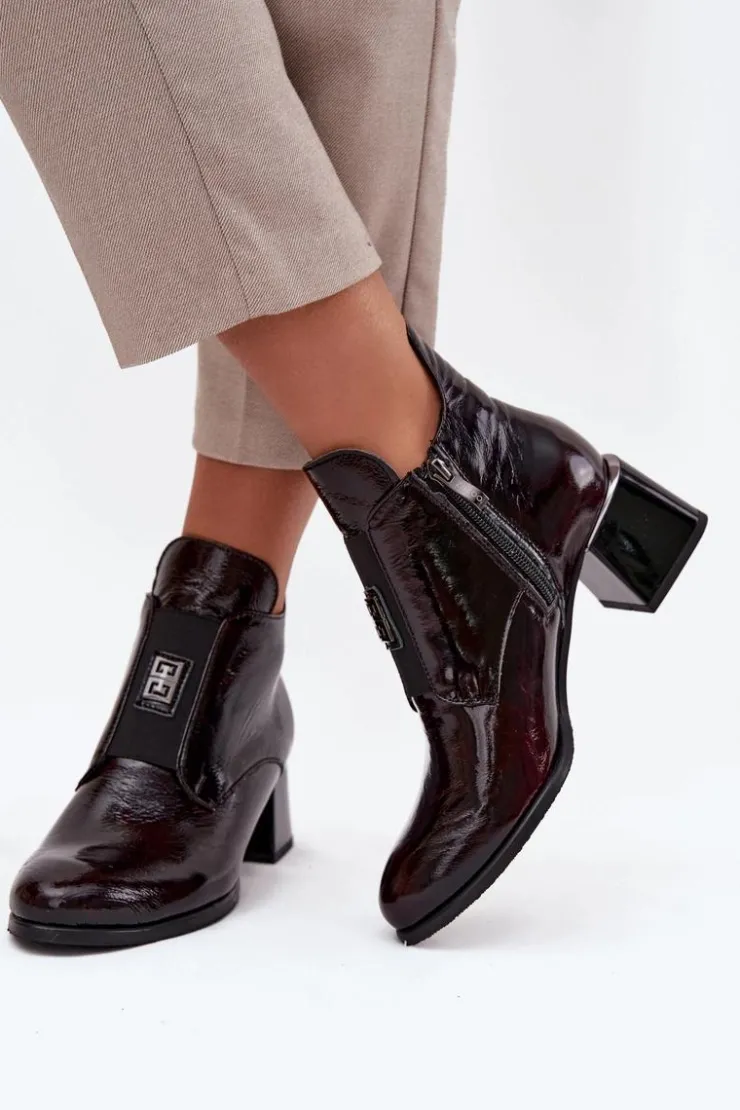 Online Zazoo Skórzane Lakierowane Botki Na Klocku Z Ozdobnym Detalem Ocieplane 60560 Bordowe Czerwony