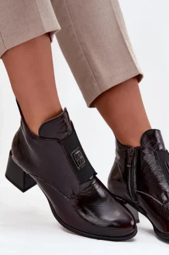 Online Zazoo Skórzane Lakierowane Botki Na Klocku Z Ozdobnym Detalem Ocieplane 60560 Bordowe Czerwony