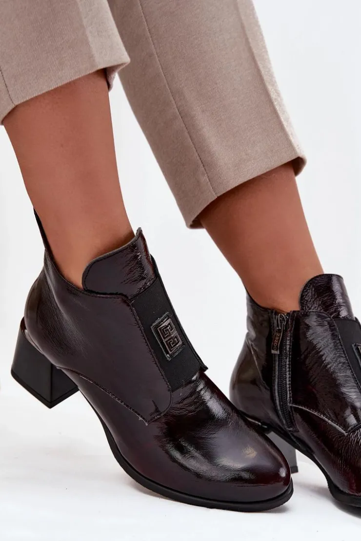 Online Zazoo Skórzane Lakierowane Botki Na Klocku Z Ozdobnym Detalem Ocieplane 60560 Bordowe Czerwony