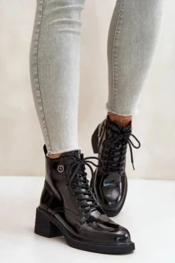 Damskie Damskie buty S.Barski Skórzane Lakierowane Botki Na Klocku Ocieplane D&A JC42-78 Czarne