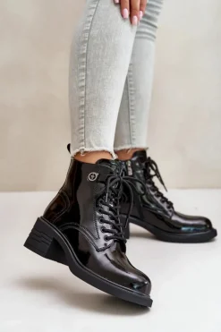 Damskie Damskie buty S.Barski Skórzane Lakierowane Botki Na Klocku Ocieplane D&A JC42-78 Czarne