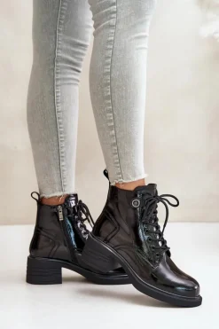 Damskie Damskie buty S.Barski Skórzane Lakierowane Botki Na Klocku Ocieplane D&A JC42-78 Czarne