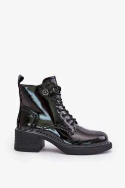 Damskie Damskie buty S.Barski Skórzane Lakierowane Botki Na Klocku Ocieplane D&A JC42-78 Czarne