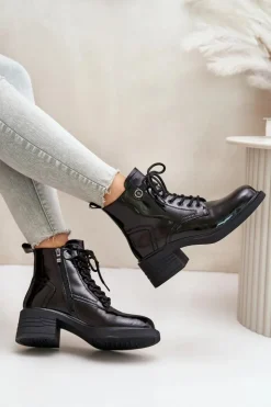 Damskie Damskie buty S.Barski Skórzane Lakierowane Botki Na Klocku Ocieplane D&A JC42-78 Czarne