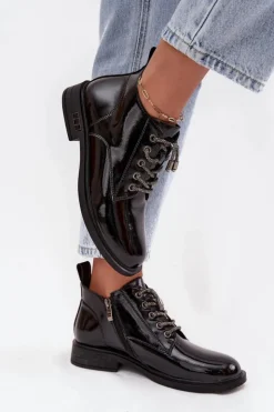 D&A Botki Ocieplane|Botki Sznurowane*Skórzane Lakierowane Botki Damskie Z Ozdobnym Sznurowaniem MR52-124 Czarne