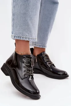 D&A Botki Ocieplane|Botki Sznurowane*Skórzane Lakierowane Botki Damskie Z Ozdobnym Sznurowaniem MR52-124 Czarne