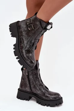 Clearance Artiker Skórzane Lakierowane Botki Damskie Z Ozdobą Ocieplane 57C2081 Grafitowe Szary