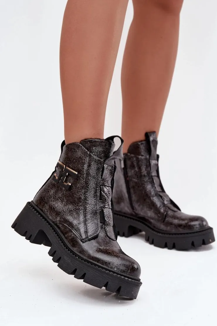 Clearance Artiker Skórzane Lakierowane Botki Damskie Z Ozdobą Ocieplane 57C2081 Grafitowe Szary