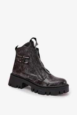 Clearance Artiker Skórzane Lakierowane Botki Damskie Z Ozdobą Ocieplane 57C2081 Grafitowe Szary