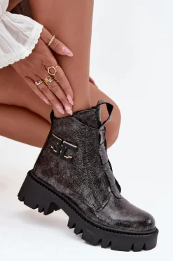 Clearance Artiker Skórzane Lakierowane Botki Damskie Z Ozdobą Ocieplane 57C2081 Grafitowe Szary