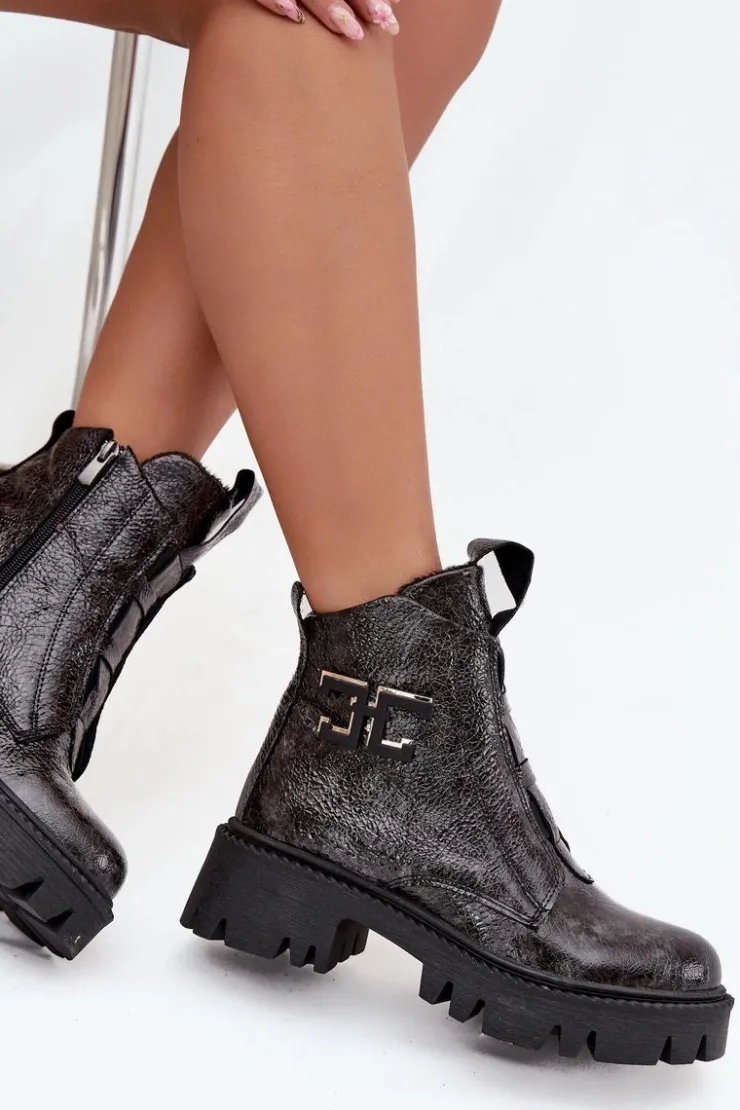 Clearance Artiker Skórzane Lakierowane Botki Damskie Z Ozdobą Ocieplane 57C2081 Grafitowe Szary