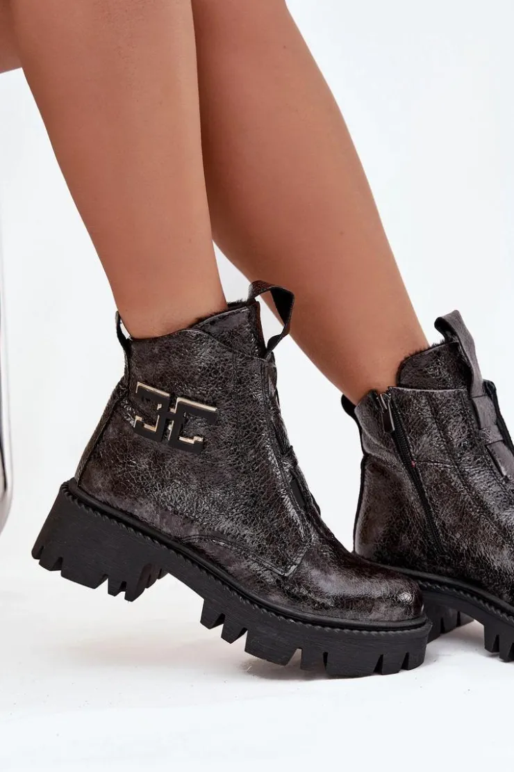 Clearance Artiker Skórzane Lakierowane Botki Damskie Z Ozdobą Ocieplane 57C2081 Grafitowe Szary