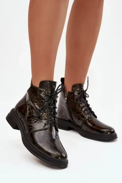 Damskie Damskie buty S.Barski Skórzane Lakierowane Botki Damskie Ocieplane Na Zamek D&A LZ42-042 Złote