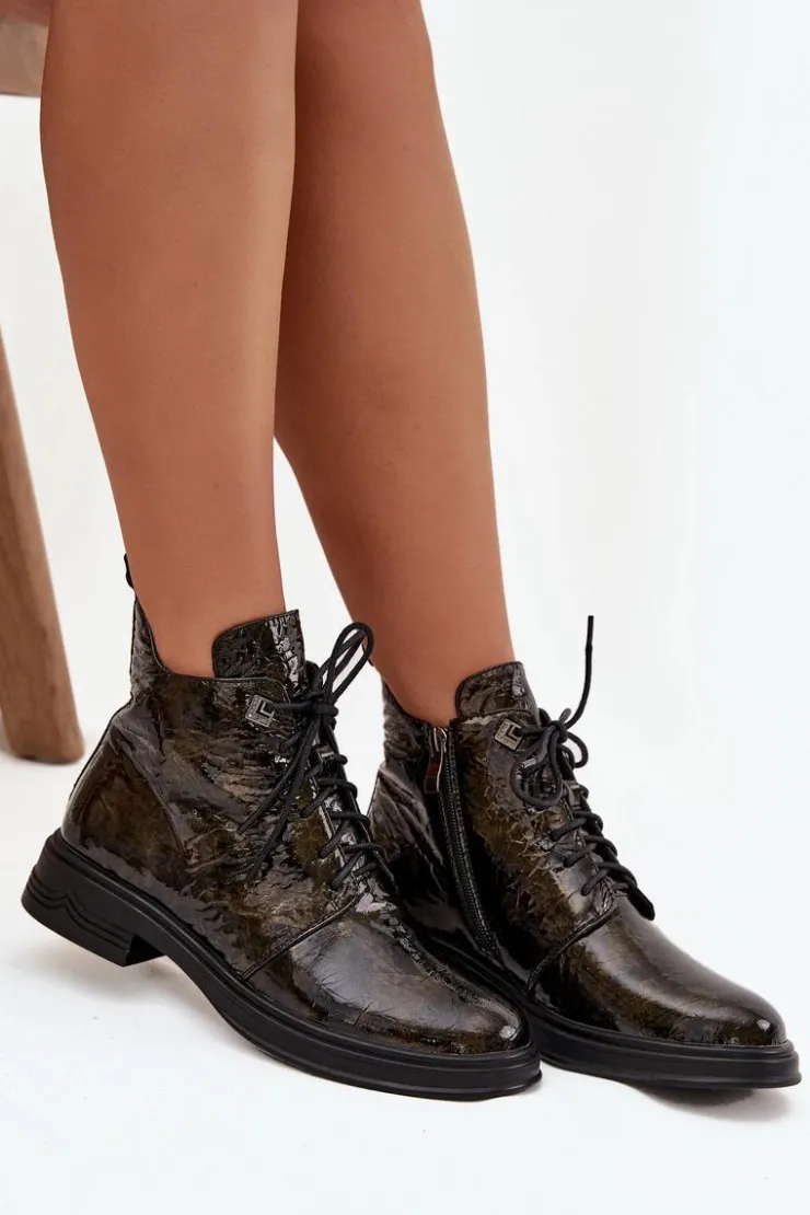 Damskie Damskie buty S.Barski Skórzane Lakierowane Botki Damskie Ocieplane Na Zamek D&A LZ42-042 Złote