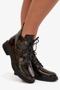 Damskie Damskie buty S.Barski Skórzane Lakierowane Botki Damskie Ocieplane Na Zamek D&A LZ42-042 Złote