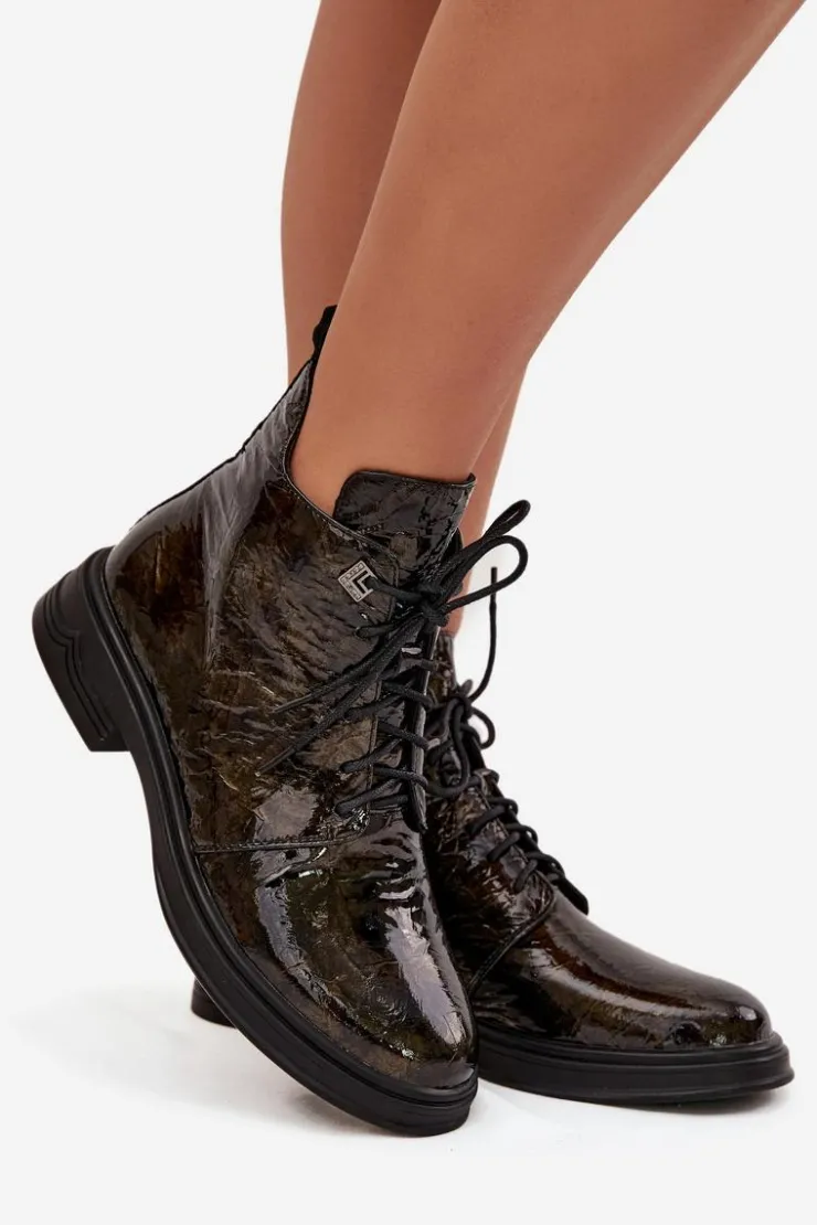 Damskie Damskie buty S.Barski Skórzane Lakierowane Botki Damskie Ocieplane Na Zamek D&A LZ42-042 Złote