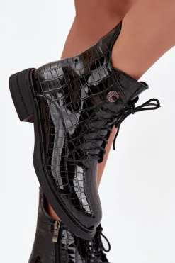 Damskie Boto Skórzane Lakierowane Botki Z Tłoczeniem Ocieplane Czarne Juviane