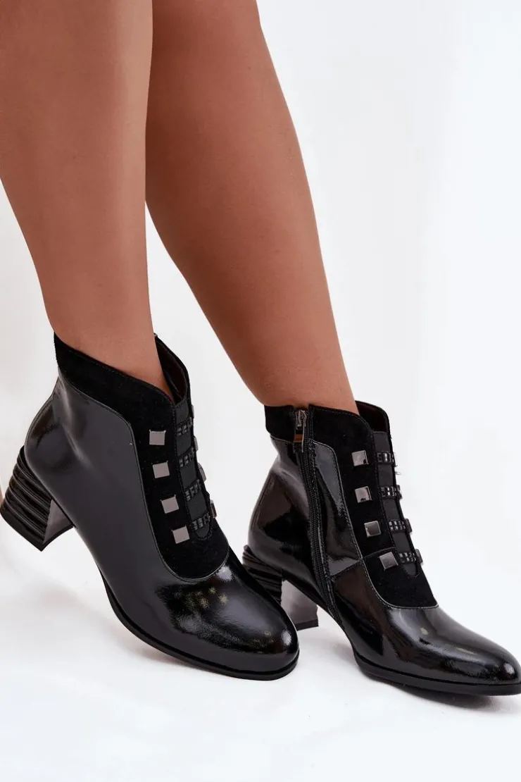 Online D&A Skórzane Lakierowane Botki Damskie Na Słupku MR52-144 Czarne