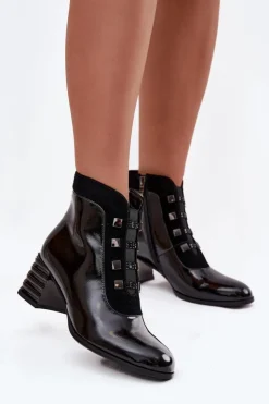 Online D&A Skórzane Lakierowane Botki Damskie Na Słupku MR52-144 Czarne