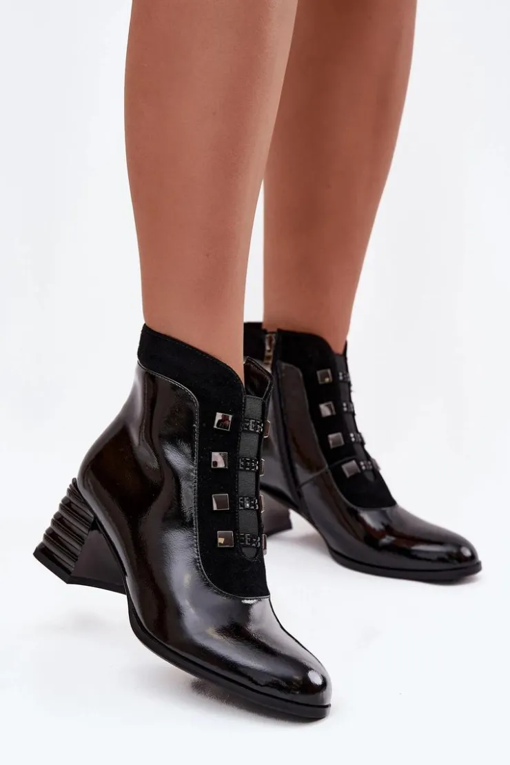 Online D&A Skórzane Lakierowane Botki Damskie Na Słupku MR52-144 Czarne
