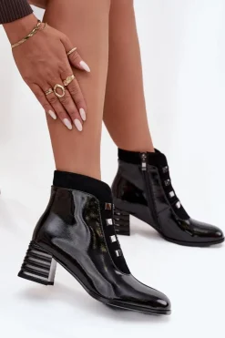 Online D&A Skórzane Lakierowane Botki Damskie Na Słupku MR52-144 Czarne