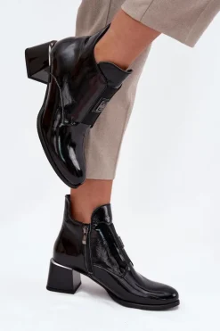 Sale Zazoo Skórzane Lakierowane Botki Na Klocku Z Ozdobnym Detalem Ocieplane 60560 Czarne Czarny