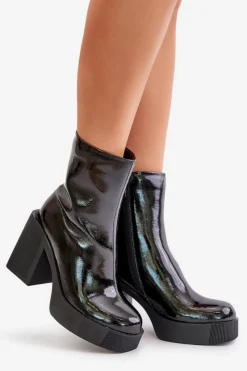 Damskie buty S.Barski Skórzane Lakierowane Botki Damskie Na Masywnym Słupku Ocieplane D&A CR42-189 Czarne