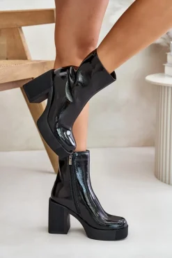 Damskie buty S.Barski Skórzane Lakierowane Botki Damskie Na Masywnym Słupku Ocieplane D&A CR42-189 Czarne