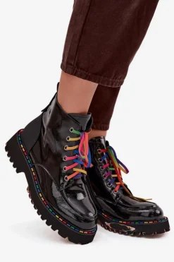 Artiker Botki Skórzane|Botki Sznurowane*Skórzane Lakierowane Botki Damskie 57C0064 Czarne