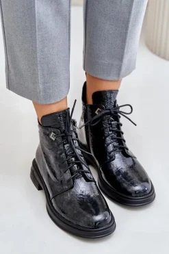 Damskie buty S.Barski Skórzane Lakierowane Botki Damskie Ocieplane Na Zamek D&A LZ42-042 Czarno-Szare Czarny