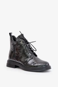 Damskie buty S.Barski Skórzane Lakierowane Botki Damskie Ocieplane Na Zamek D&A LZ42-042 Czarno-Szare Czarny