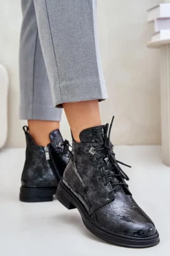 Damskie buty S.Barski Skórzane Lakierowane Botki Damskie Ocieplane Na Zamek D&A LZ42-042 Czarno-Szare Czarny