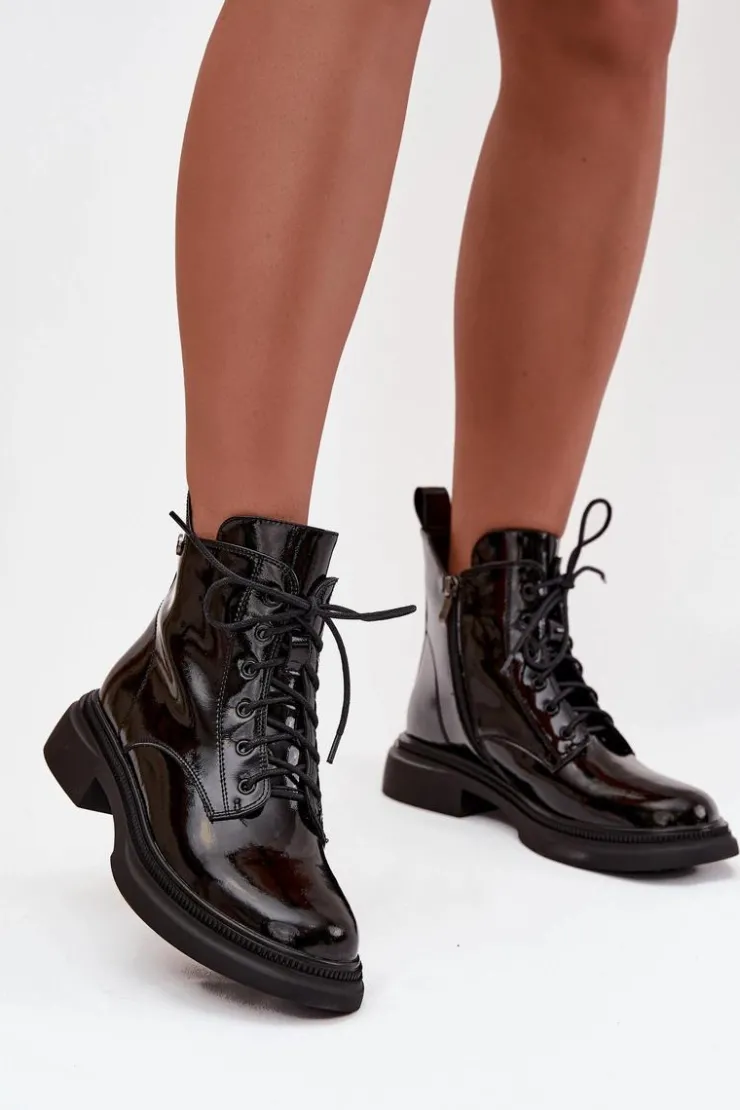 Boto Botki Ocieplane|Botki Sznurowane*Skórzane Lakierowane Botki Ocieplane Czarne Gisella