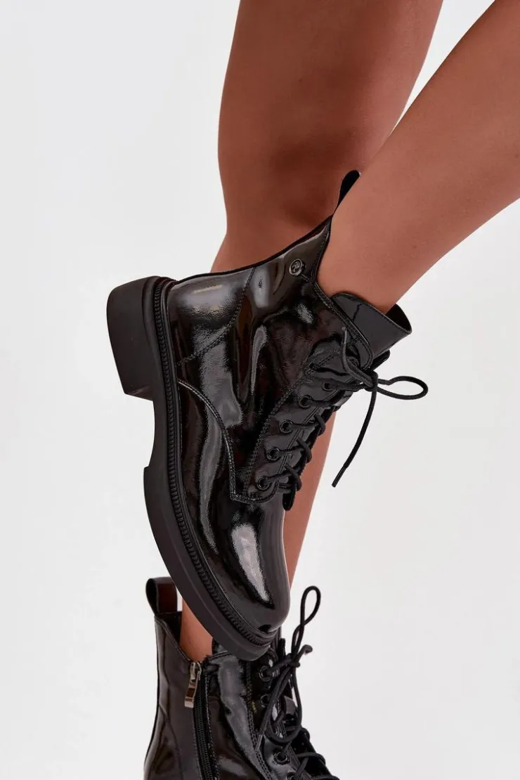 Boto Botki Ocieplane|Botki Sznurowane*Skórzane Lakierowane Botki Ocieplane Czarne Gisella