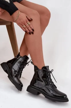 Boto Botki Ocieplane|Botki Sznurowane*Skórzane Lakierowane Botki Ocieplane Czarne Gisella