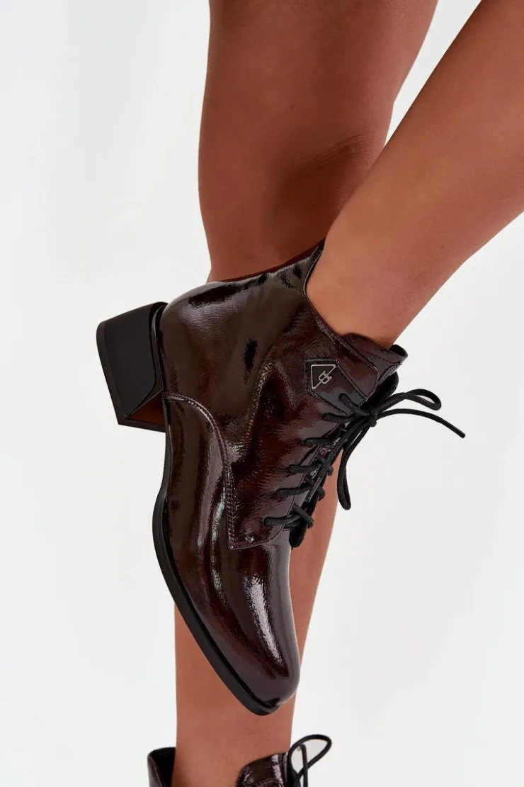 Best Artiker Skórzane Lakierowane Botki Damskie Na Klocku 57C1119 Bordowe