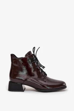 Best Artiker Skórzane Lakierowane Botki Damskie Na Klocku 57C1119 Bordowe