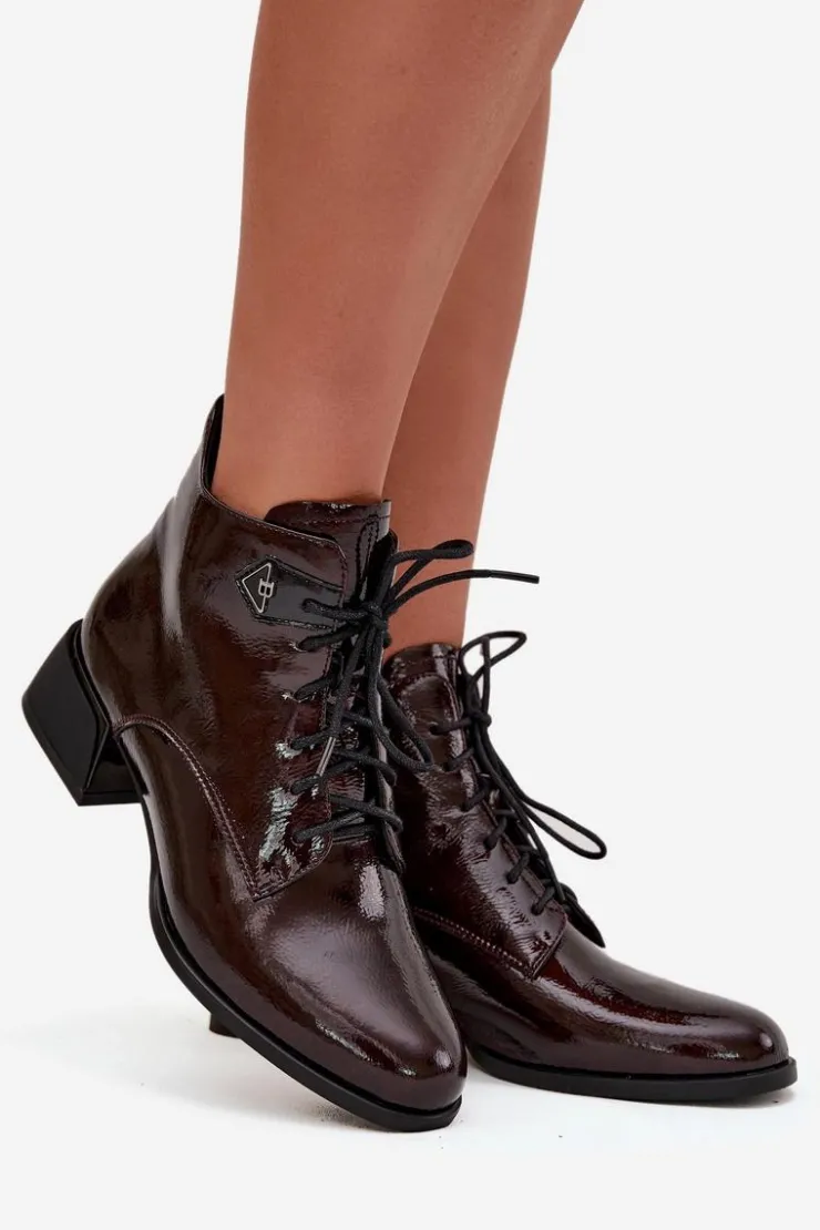 Best Artiker Skórzane Lakierowane Botki Damskie Na Klocku 57C1119 Bordowe