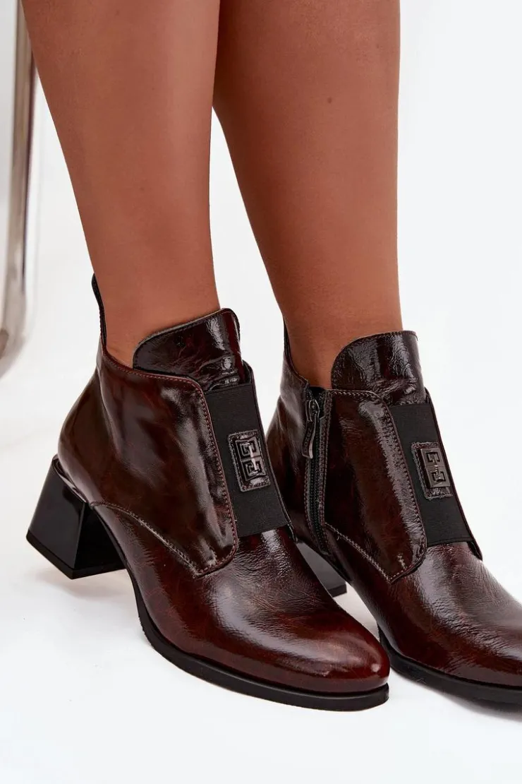 Hot Zazoo Skórzane Lakierowane Botki Na Klocku Z Ozdobnym Detalem Ocieplane 60560 Ciemnobrązowe Brązowy