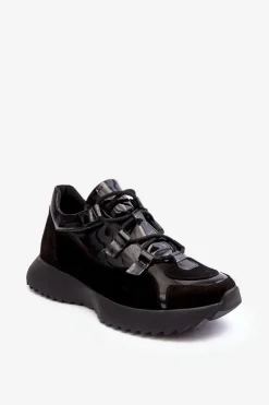 Zazoo Buty Sportowe Na Platformie|Sneakersy Damskie*Skórzane Lakierowane Buty Sportowe Damskie M01/2 Czarne Czarny