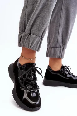 Zazoo Buty Sportowe Na Platformie|Sneakersy Damskie*Skórzane Lakierowane Buty Sportowe Damskie M01/2 Czarne Czarny