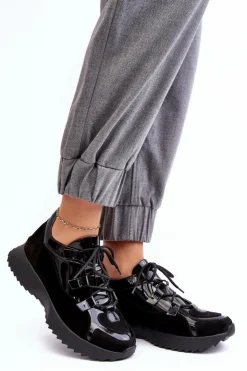Zazoo Buty Sportowe Na Platformie|Sneakersy Damskie*Skórzane Lakierowane Buty Sportowe Damskie M01/2 Czarne Czarny